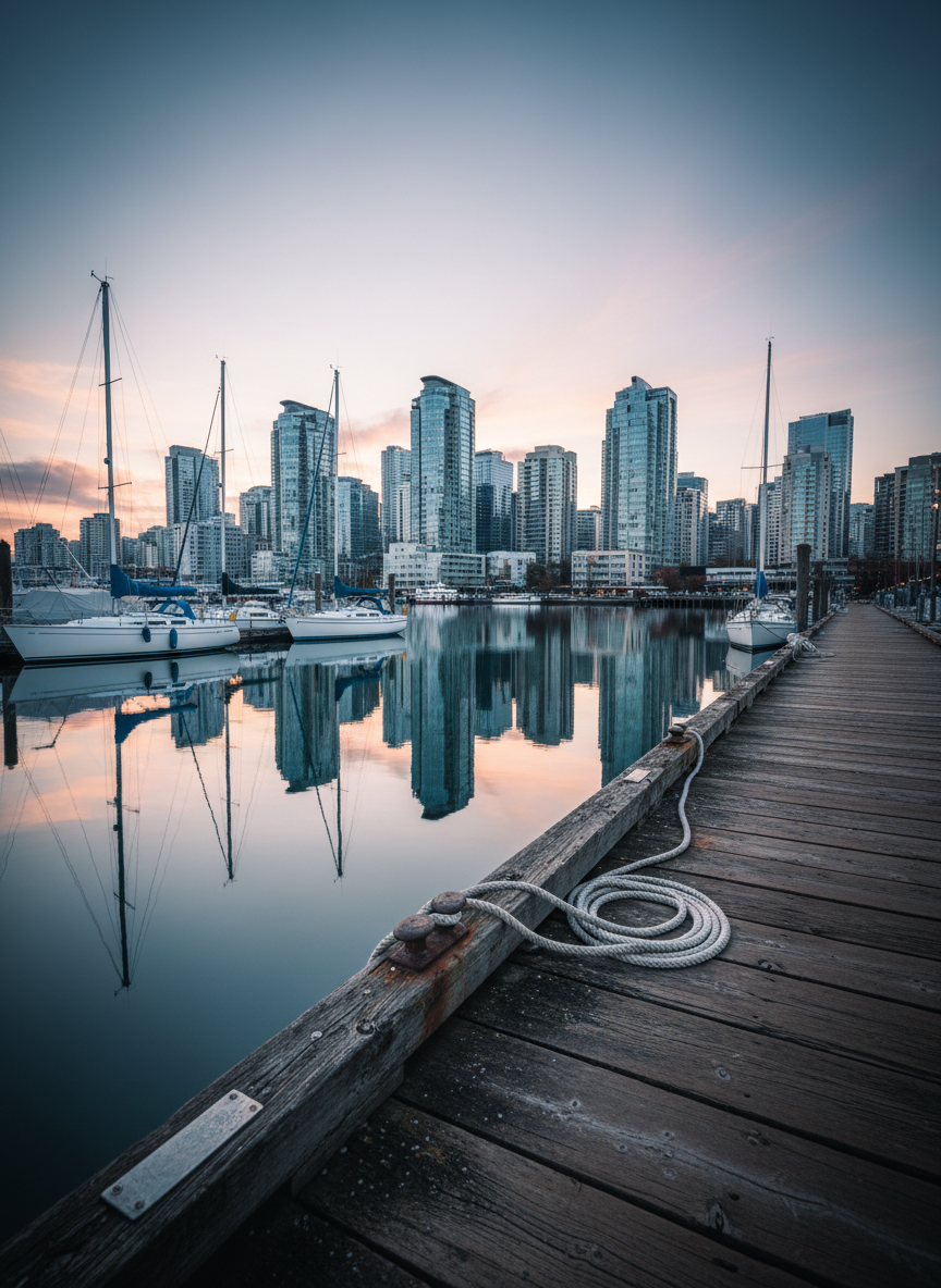 A crisp, photographic view of Vancouver’s harbor at dawn with no people, focusing on gleaming glass towers reflected in perfectly still water. In the foreground, a weathered wooden pier juts in from the right, its planks darkened by sea air and dotted with metal cleats and coiled rope. Several white and blue sailboats rest quietly at their moorings, mirrored in the harbor’s pale blue surface. Soft pink and peach early morning light kisses the edges of buildings and low clouds, creating gentle reflections and a serene, hopeful mood. Captured from a low eye-level angle along the pier, with a balanced composition and subtle vignetting, in realistic, clean, modern photographic style.