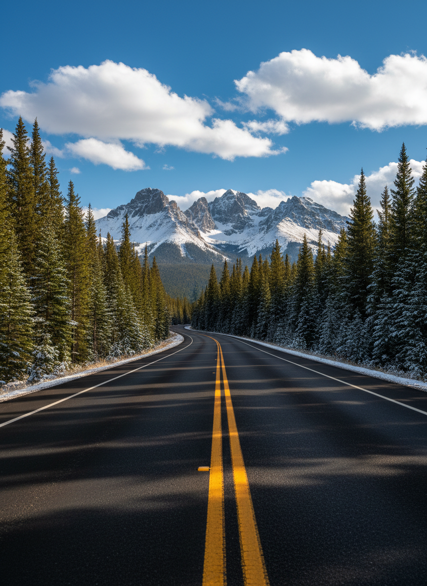 A playful, vibrant photographic image of a winding mountain highway leading toward Whistler, with no vehicles or people, just the promise of a road trip. The fresh black asphalt, marked with crisp yellow center lines, curves gracefully through towering evergreen forests dusted with recent snow. In the midground, rugged peaks rise sharply, their slopes a mix of dark rock and white snow under a brilliant blue sky scattered with puffy cumulus clouds. Golden late-afternoon sunlight creates long shadows of the trees across the road, adding rhythm and depth. Shot from a low, centered perspective at road level, the composition draws the eye into the distance, capturing an energetic, adventurous, and slightly cheeky mood in vivid photographic realism.