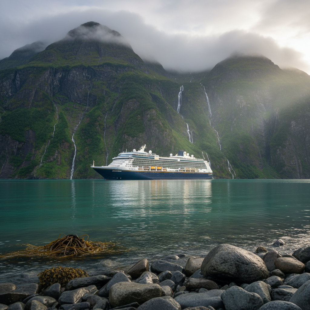 A dramatic, high-resolution photographic scene of an Alaska cruise ship viewed from shore, with no humans visible. The massive white vessel with navy and gold accents is anchored in a calm fjord, dwarfed by towering dark rock cliffs streaked with emerald moss and thin waterfalls. In the foreground, smooth wet stones and a patch of kelp line the water’s edge, glistening in soft overcast light. Low clouds cling to the mountains, creating a moody, cinematic atmosphere, while breaks in the clouds allow shafts of light to illuminate the ship’s hull. Shot from a low angle near the shoreline to emphasize scale, with rich color, strong contrast, and a sense of quiet adventure in photographic realism.