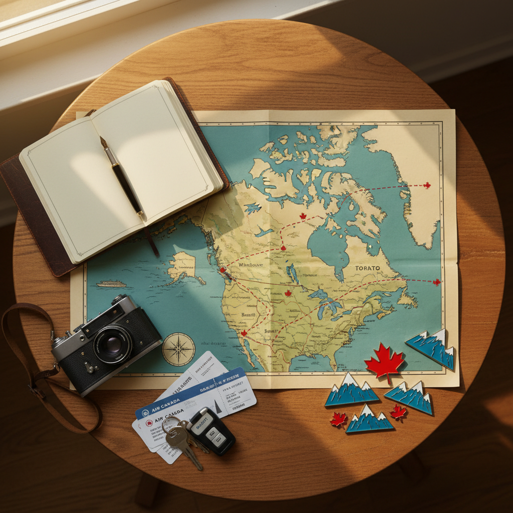 A detailed overhead photographic view of a wooden travel planning desk themed around a Canada and Alaska adventure. An unfolded illustrated map of western Canada and Alaska fills the center, marked with a playful path connecting Vancouver, an Alaska cruise route, Whistler, Revelstoke, Banff, Calgary, Toronto, and Niagara Falls. Surrounding it are a worn leather travel journal opened to blank pages, a vintage-style camera, colorful enamel pins shaped like mountains and maple leaves, and a scattering of boarding passes and rental car keys. Soft afternoon window light falls from the left, creating gentle shadows and a cozy, excited atmosphere. Shot from a true bird’s-eye perspective with sharp detail throughout, in bright, vibrant photographic realism suited to a travel blog header.